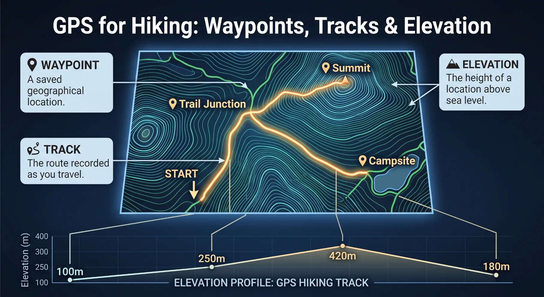 Topographic map graphic illustrating waypoints, recorded tracks, and elevation profile